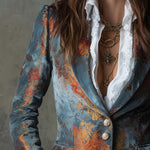 Retro Oil Painting Style Polyester Velvet Printed Double-breasted Blazer