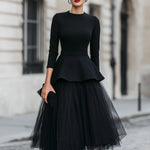 Structured Peplum Top and Layered Midi Skirt Set
