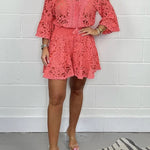 Emilee Lace Tie Neck Bell Sleeve Top and Elastic Waist Loose Shorts Set