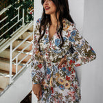 V-neck Long-sleeved Chiffon Print Dress