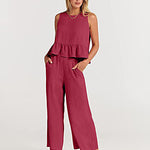 Nadorine 2 Piece Outfits Sleeveless Ruffle Tank Crop Top and Wide Leg Pants Lounge Set with Pockets