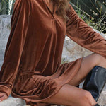 Coffee Roll Tab Sleeve Collared V Neck Velvet Dress