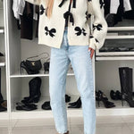 Vernie Knit Jewelry Pendant Bow Pattern Front Tie-up Long Sleeve Loose Cardigan
