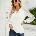 Nadorine V Neck Tops Solid Color Blouse Long Sleeve Pullover Lace Patchwork Shirt