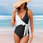 Nadorine Women's Color Block Wrap One Piece Swimsuits Bowknot Tie Side Bathing Suit