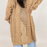 Knit Cable Cotout Long Sleeve Pocket Oversized Midi Cardigan