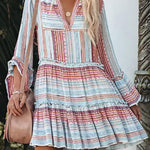 V-Neck Casual Loose Retro Print Short-Sleeved Short Dress