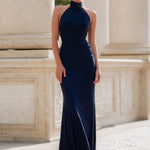 Navy Halter Ruched Column Maxi Dress
