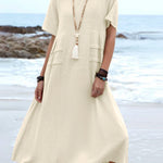 Solid Color Round Neck Short Sleeve Midi Dress Summer Holiday Casual Maxi Sundress
