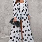 High Waisted Long Sleeves Pleated Polka-Dot See-Through Split-Joint Deep V-Neck Maxi Dresses Outerwear