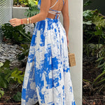 WHITE AND BLUE PRINTED MAXI DRESS WITH CUT OUTS