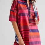 Mid-length Sleeve Lapel Contrast Striped Loose Casual Dress