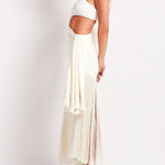 Bodycon Sleeveless Pleated Solid Color Tasseled One-Shoulder Maxi Dresses
