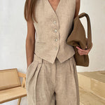 Solid Color Two-piece Slim Fit Sleeveless Vest Casual Wide Leg Pants Set