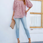 Nadorine Quare Neck Babydoll Tops 3/4 Puff Sleeve Lace Blouse Summer Floral Textured Shirts
