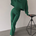 Women's Knitted Two Pieces Sets Turtleneck Cropped Sweater with High-waisted Flared Pants