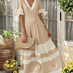 A-Line Flared Sleeves Contrast Color Pleated V-Neck Maxi Dresses