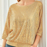 Solid Color Sequined Loose Round Neck Casual Top