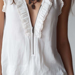 Zipper Neck Ruffle Cotton Linen Tank Top