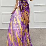 Amazing Views Watercolor Print Feather Rose Detail Off Shoulder Pleated Slit Maxi Dress