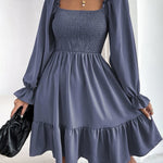 Square Neck Long Sleeve Shirred Ruffle Hem Dresses High Waist A Line Knee Length Elegant Mini Dress