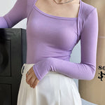 Long Sleeves Skinny Solid Color Square-Neck T-Shirts Tops