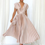 Elegant Satin Pleated V-neck Flowing Midi Dress
