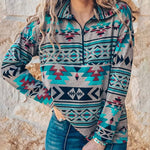 Geometric Print Sweatshirts Retro Long Sleeve Bohemia Loose Fit Zip Up Pullover