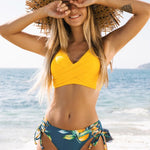 Wrap Look Lace Up Bikini Set Swimwear V-Neck Floral Pattern Two-Piece Swimsuit