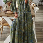 V-Neck Loose Peris Print Vacation Long Sleeve Maxi Dress