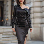 Elegant Asymmetrical Ohe-Shoulder Satin Midi Dress