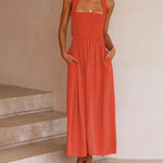 Elastic Waist Cross Straps Solid Casual Dress Sleeveless A-Line Summer Maxi Dress