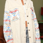 Frayed Denim Jacket Vintage Boho Tribal Button Down Patchwork Shirt Shacket