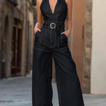 Deep V-Neck Belted Denim Wide-Leg Jumpsuit