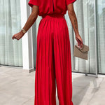 Ivy Cowl Neck Short Sleeve Belt Pleated Loose Wide Leg Jumpsuit