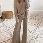 Two Piece Sweatsuit Lone Sleeve Knit Sweater Wide Leg Pants Outfits Loungewear Set
