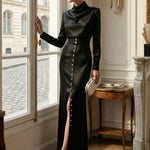 Split-Joint Heaps Collar Long Sleeves Pleated Blouses&Shirts Tops + Elasticated Waist Asymmetric Buttoned  Contrast Color Split-Side Zipper Skirts Bottoms Two Pieces Set