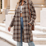 Nadorine Plaid Longline Button-Up Shacket Lapel Neck Long Sleeve Shirt Pocket