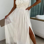 Romance and Lightness Tulle Floral Texture Pleated Patchwork Strapless Slit Maxi Dress