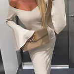 Solid Color Sexy Off-shoulder Trumpet Sleeve Slim Midi Dress