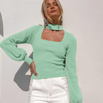 Lantern Sleeve Hollow Half Turtleneck Knit Sweater