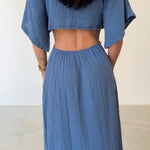 Lace-up Exposed Waist Cotton and Linen Dress