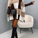 Hughes Color Block Plaid Mock Neck Cape Loose Sweater