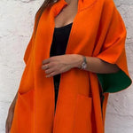 Solid Color Stand Collar Zipper Pocket Loose Shawl Jacket