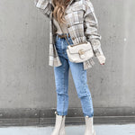 Plaid Shirt Jacket Loose Casual Turn-Down Collar Single Breasted Coat