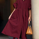 Half Sleeves Loose Buttoned Pleated Solid Color Tied Waist Stand Collar Maxi Dresses