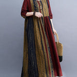 Vacation Loose Long Sleeves Contrast Color Printed Round-Neck Midi Dresses