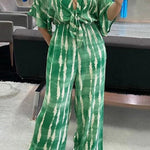 Striped Print V-Neck Lace-Up Casual Wide-Leg Jumpsuit