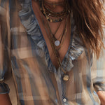 Retro Plaid Chiffon Blouse With Half Sleeves And Ruffle Details