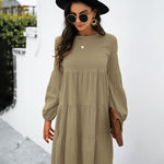 Long Puff Sleeve Shirt Dress Casual Crewneck Loose Fit Sundress Trendy Tiered Layer Summer Mini Dresses
